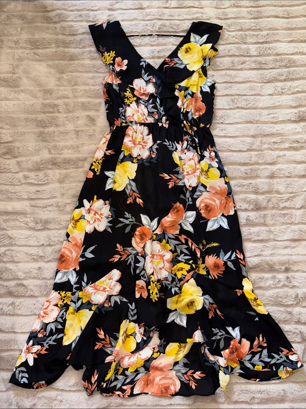 Socialite Black Midi Dress with Yellow & Peach Floral Print